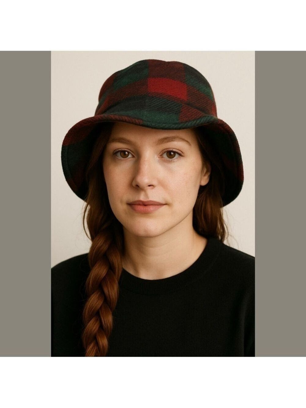 VINTAGE WOOL BLEND BURGUNDY GREEN & BLACK PLAID BUCKET HAT CLASSIC CASUAL
